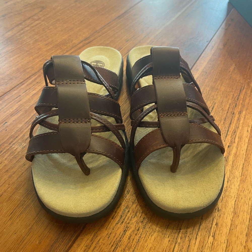 NWT Timberland Brown Leather Marquette Thong Slide On Sandals Women's 8 - Picture 6 of 7